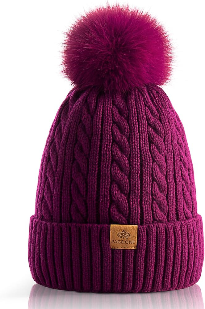 PAGE ONE Women Winter Pom Pom Beanie Hats Warm Fleece Lined,Chunky Trendy Cute Chenille Knit Twis... | Amazon (US)