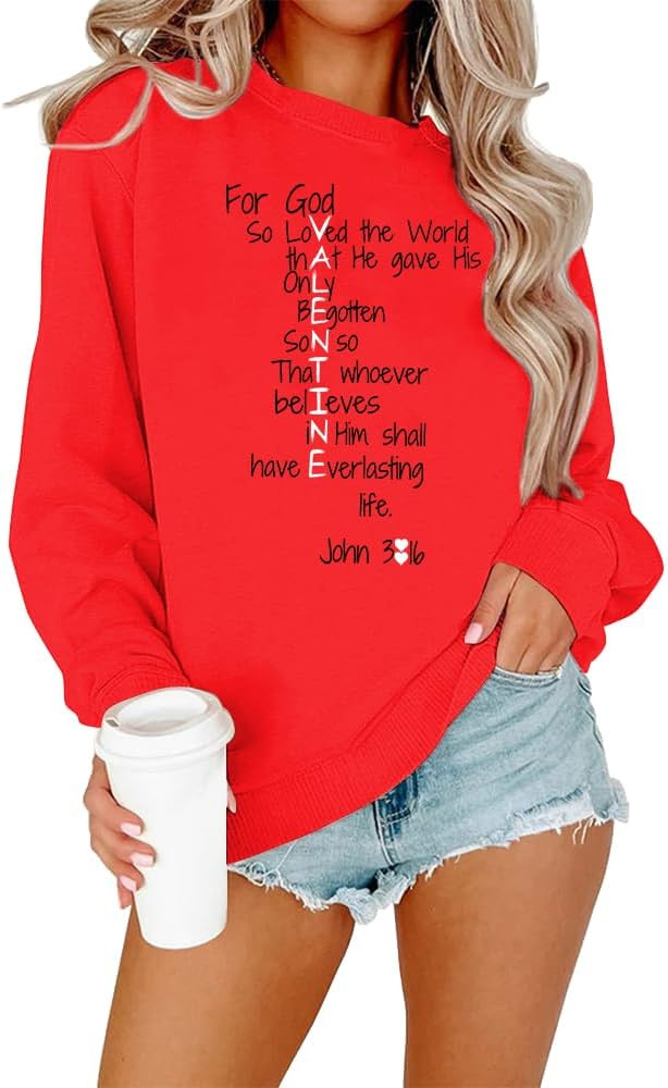 MOUSYA Valentines Day Sweatshirt Women Love Heart Graphic Shirts Christian Pullover Long Sleeve T... | Amazon (US)