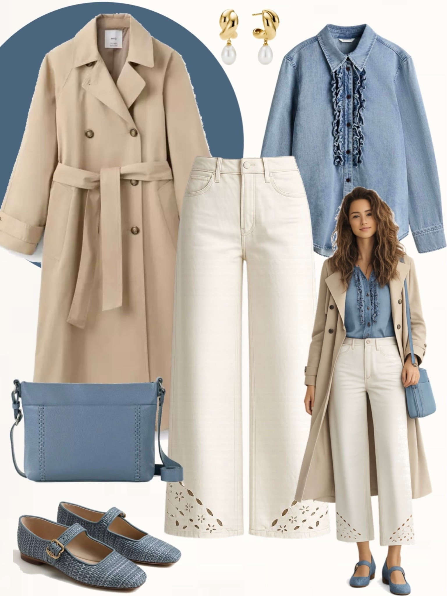 Timeless beige trench coat paired with a light blue ruffled denim blouse and cream wide-leg trousers. Finished with blue Mary Jane flats, a soft blue crossbody bag, and gold earrings with pearl detail for a polished touch.
#effortlessstyle #springoutfits #chiclooks

#LTKOver40 #LTKSeasonal #LTKootd