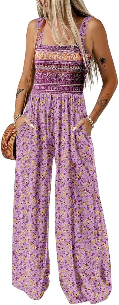 Happy Sailed Jumpsuits for Women Summer Casual Floral Print Sleeveless Jumpsuit High Waist Wide L... | Amazon (US)