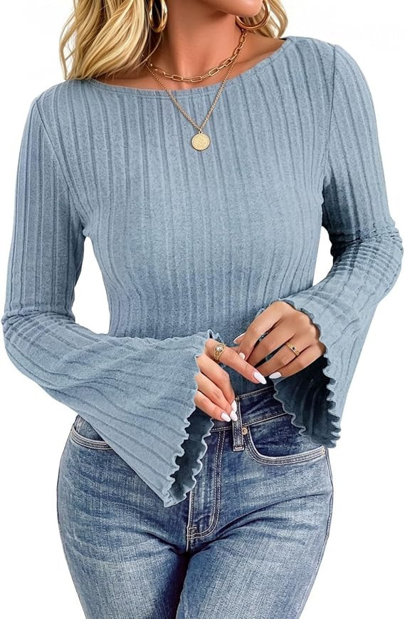 JUSTFASHIONNOW Women's Bell Sleeve Tops Boat Neck Sweater Fall Shirt 2026 | Long Sleeve, Lightwei... | Amazon (US)