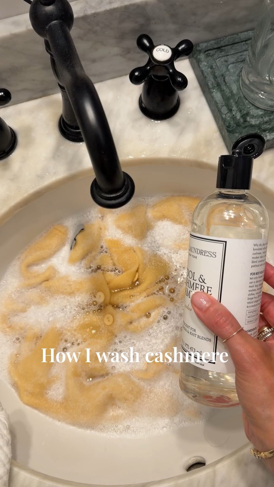 How I wash wool and cashmere. ALWAYS use cold water, a little soap and stir, let it soak for a few minutes like 10 or so, twist the water excess and lay flat to dry, I use a rack to lay it and it works also, just make sure it’s not stretching it - works perfectly and I’ve never lost another cashmere sweater after starting to wash like this!