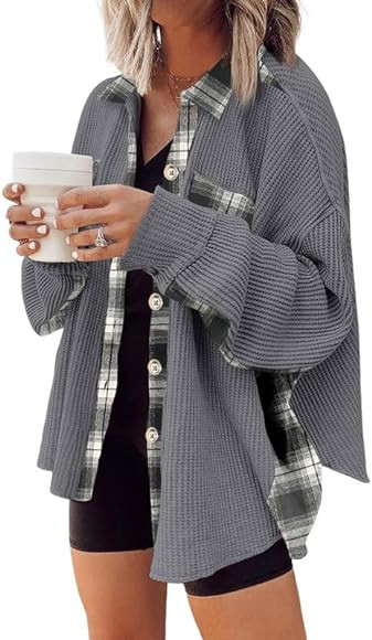 SHEWIN Womens Waffle Knit Plaid Shacket Boyfriend Button Down Shirt Jacket Loose Long Sleeve Tops | Amazon (US)