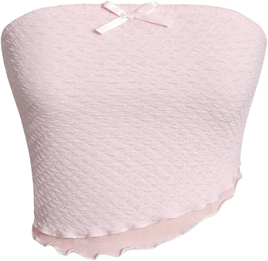 Milumia Women's Bowknot Strapless Tube Crop Tops Lettuce Trim Asymmetrical Tops | Amazon (US)