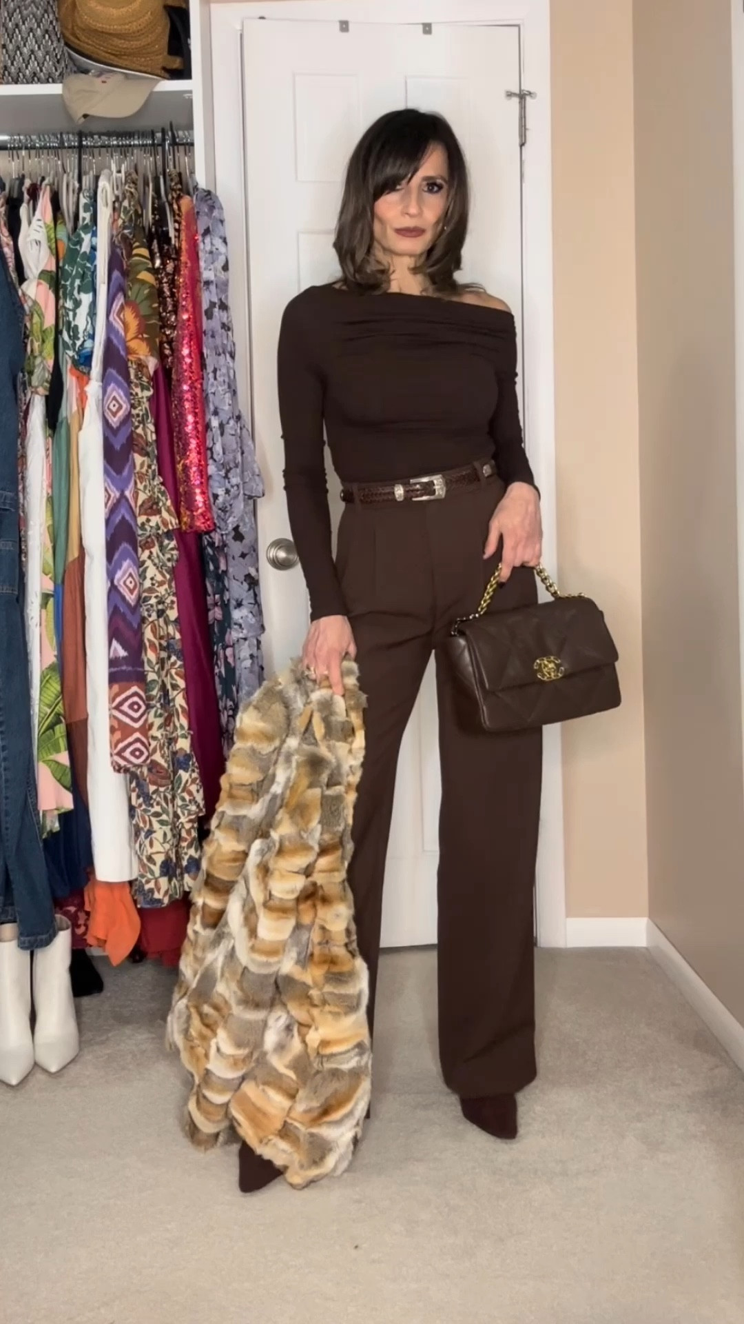 Classic monochromatic brown look! These pants are The Abercrombie ones that I have on every color 😁 they have such beautiful tailoring 🥰 and they fit small on the waist. I sized up to a 25.

These Amazon boots are adorable and look super chic! These brown ones fit large. I wish I had gotten a size smaller, but it works.

The off the shoulder / boat neck top is also from Amazon and comes in a few colors. I got also a black and a grey! They are super good quality! They fit true to size 

The silicone nipple covers I am wearing are just perfect. They have enough adhesive and stay in place with body heat! 

#LTKstyletip #LTKfindsunder50 #LTKover40