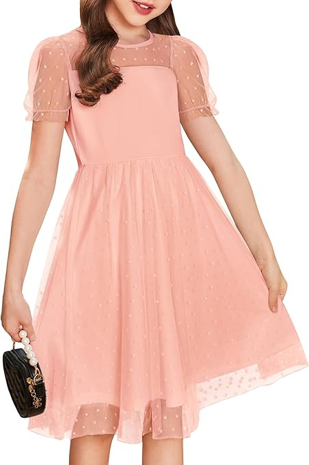 Arshiner Girls Dress Contrast Mesh Puffy Short Sleeve A Line Casual Party Dress 3-12 Years | Amazon (US)