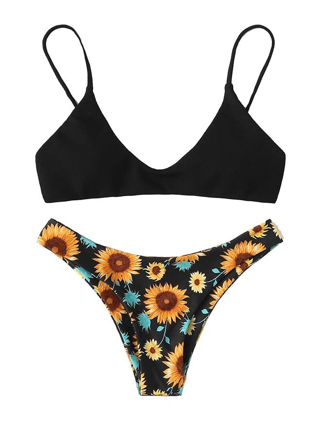 SweatyRocks Women's Sexy Bathing Suits Adjustable Strap Floral Halter Bikini Swimwear Set | Amazon (US)