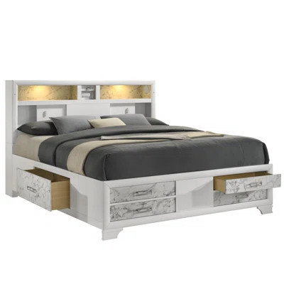 Modern Style White Wood Queen Bed With Shelves, Marble- Paneling, Headboard Lighting And -c Charging For Bedroom Storage, Headboard, Built-in Features | Wayfair North America