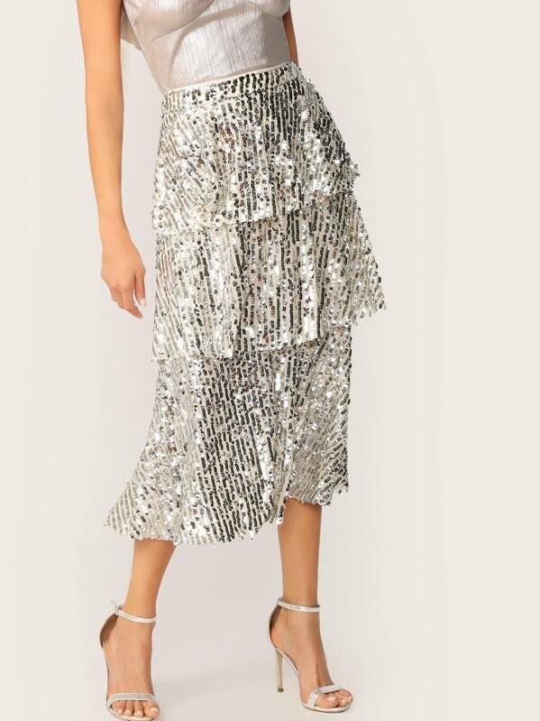 SHEIN Layered Ruffle Hem Sequin Skirt | SHEIN