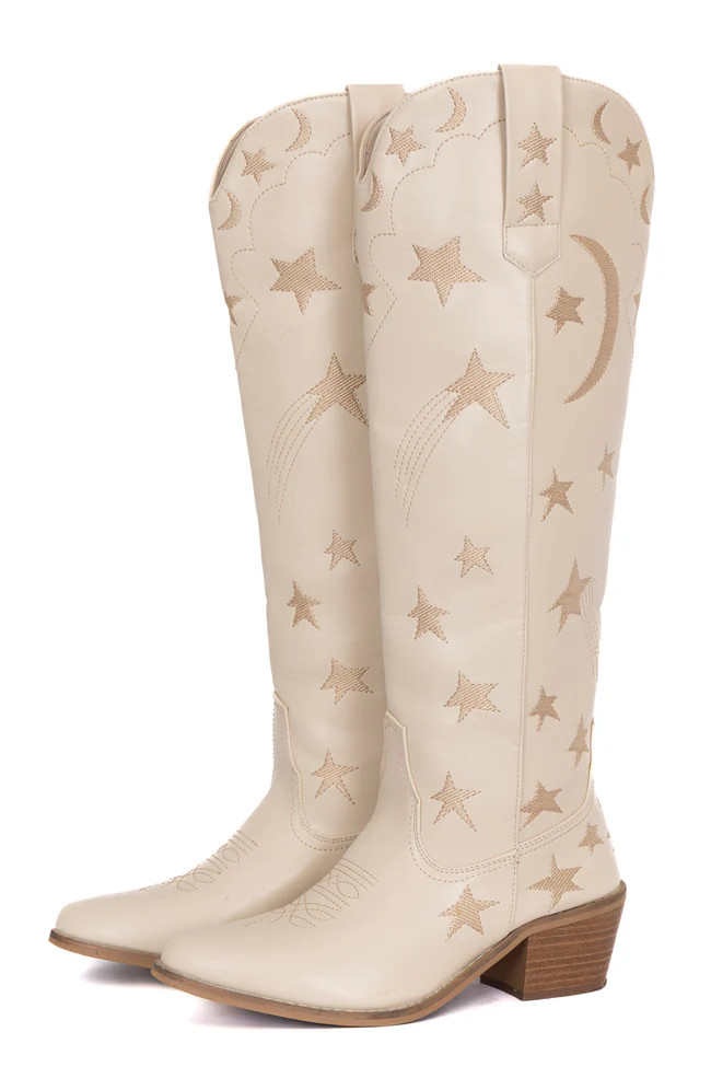 Luna Cream Star and Moon Western Boots | Pink Lily