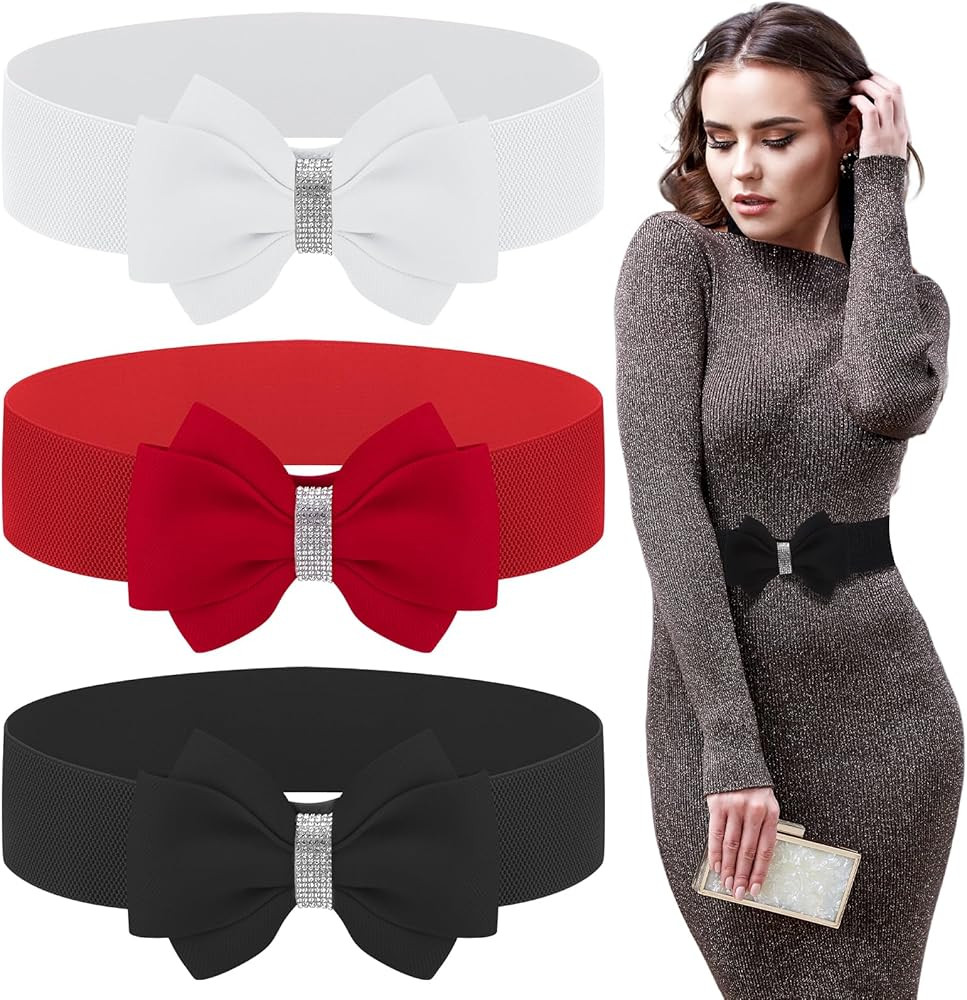 3 Pcs Bow Belts for Women,Red Bow Belt Elastic Waist Belt Women's Vintage Bowknot | Amazon (US)