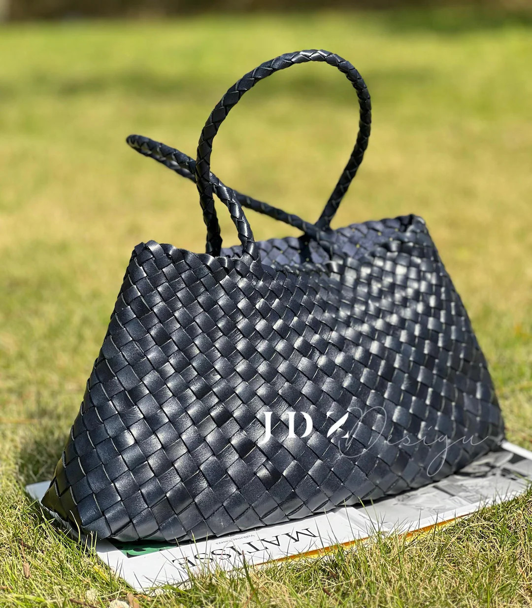 French Style 100% Genuine Cowhide Hand-woven Vintage Navy Blue Shoulder Bag, Soft Leather Bag , G... | Etsy (US)