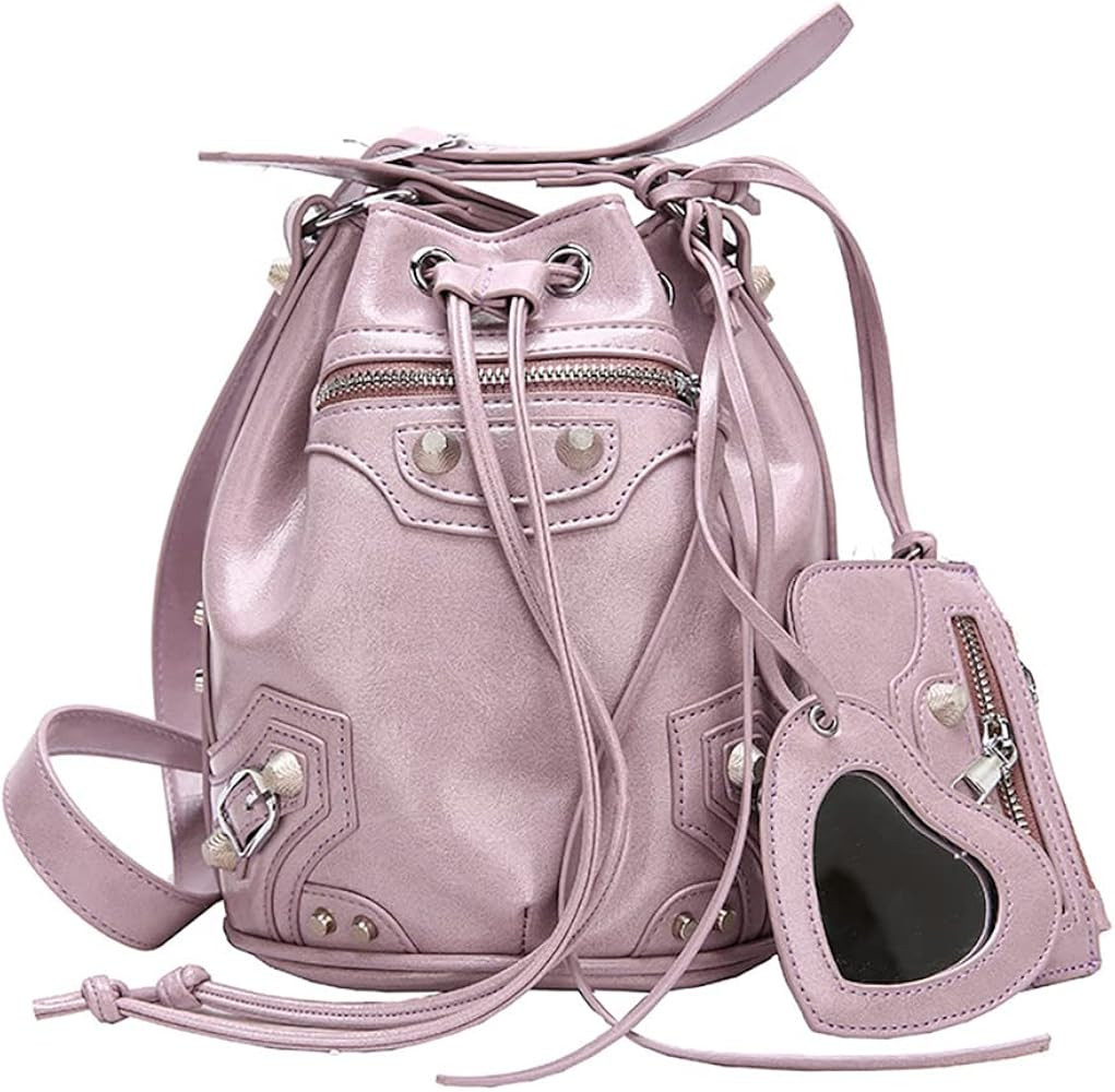 Large Capacity Bucket Bag Purses for Women, Cool Studded Punk Motocycle Crossbody Bag,PU Leather ... | Amazon (US)