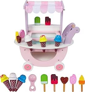 Wooden Learn Ice Cream Cart Toys for Kids, Ice Cream Sweet Treats Pretend Play Food & Kitchen Acc... | Amazon (US)