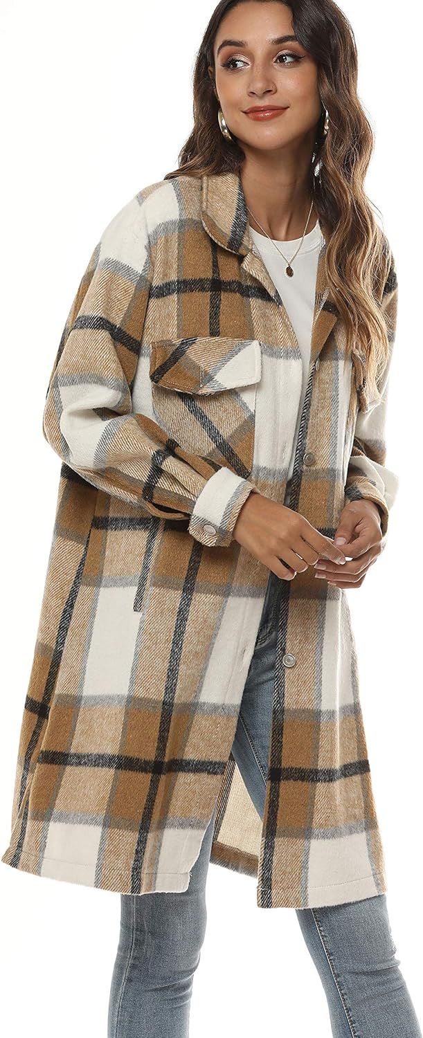 Tanming Women's Casual Lapel Plaid Button Up Woolen Flannel Mid Long Shacket Coat | Amazon (US)