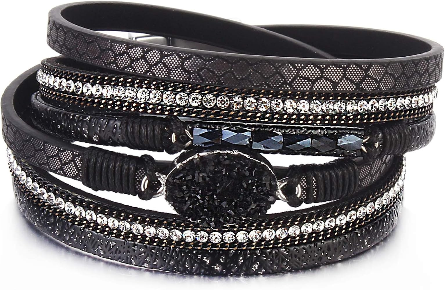 FANCY SHINY Leather Wrap Bracelet Boho Cuff Bangle Bracelets Crystal Bead Bracelet with Magnetic ... | Amazon (US)