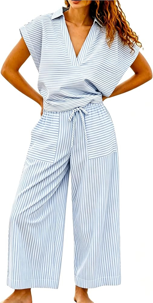 Wanzetaly Women's Summer Striped 2 Piece Outfits Short Sleeve Wide Leg Pants Matching Set with Po... | Amazon (US)
