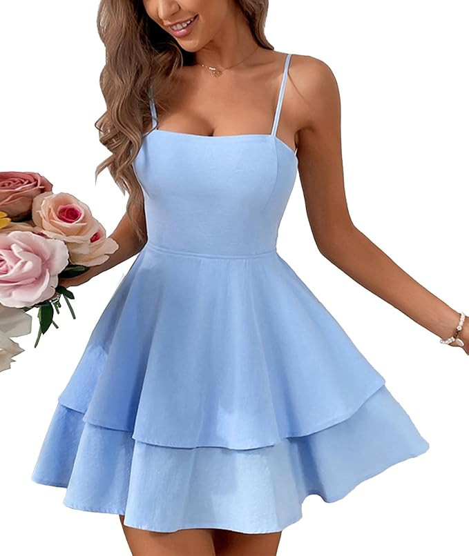 SEMATOMALA Women's Tie Back Spaghetti Strap Skater Mini Dress Tiered Ruffle Fit and Flared A Line... | Amazon (US)