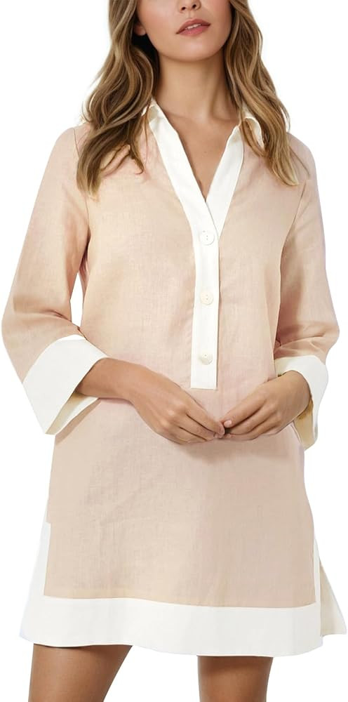 Kedera Women Botton Shirt Dress V Neck Short Sleeves Summer Linen Shift Tunic Dress with Pockets | Amazon (US)