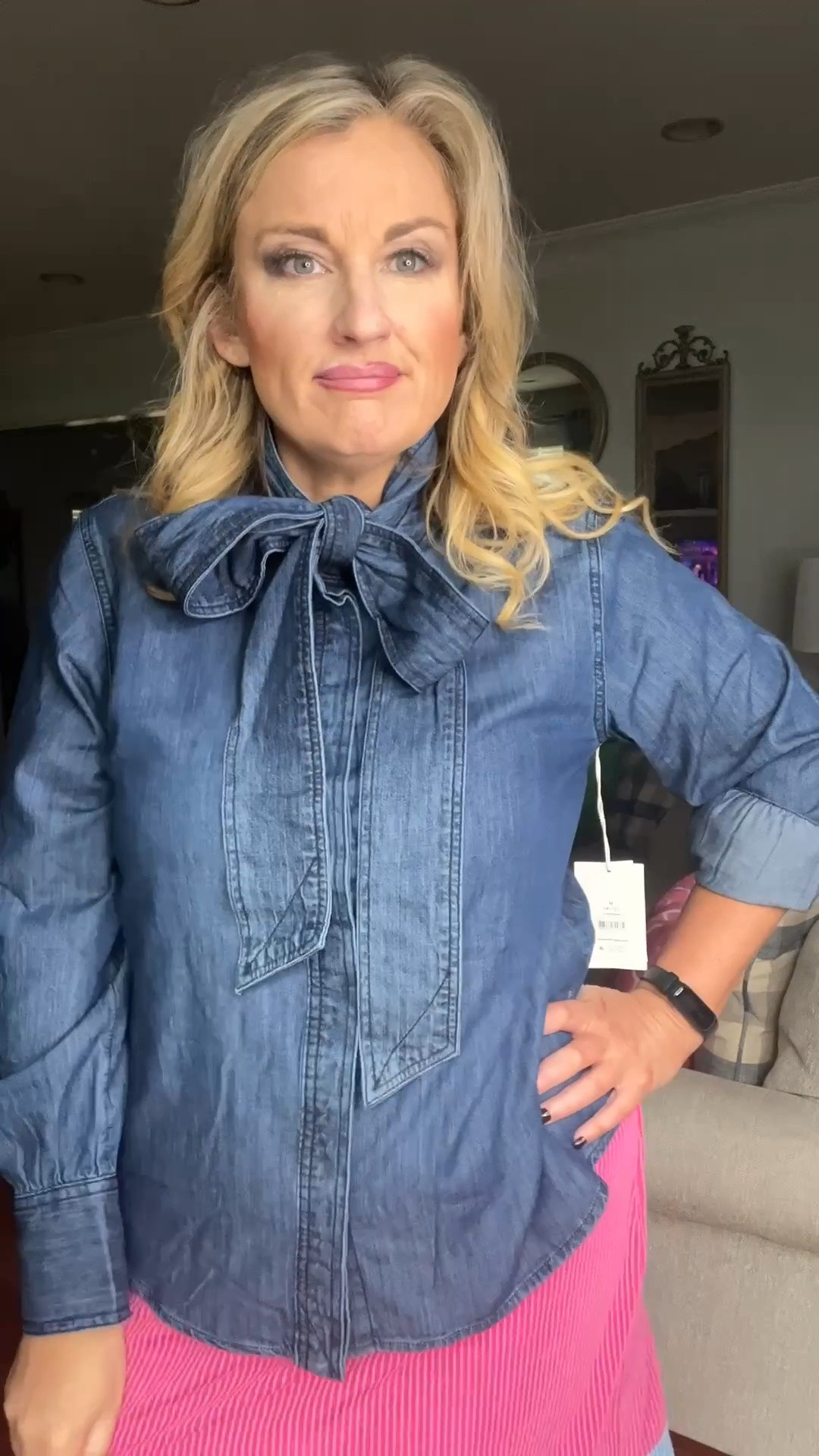 Wearing medium in this denim bow blouse. Plenty of room for us ladies larger in the breast. Other color options. Wearing as a stand alone or layered under something

#LTKgrwm #LTKOver40 #LTKMidsize