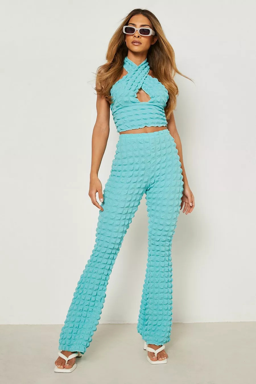 Bubble Jersey Halter Crop & Flare Trouser | Boohoo.com (US & CA)
