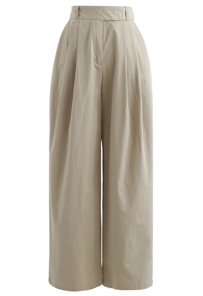 Belted Waist Straight Leg Cotton Pants in Tan | Chicwish