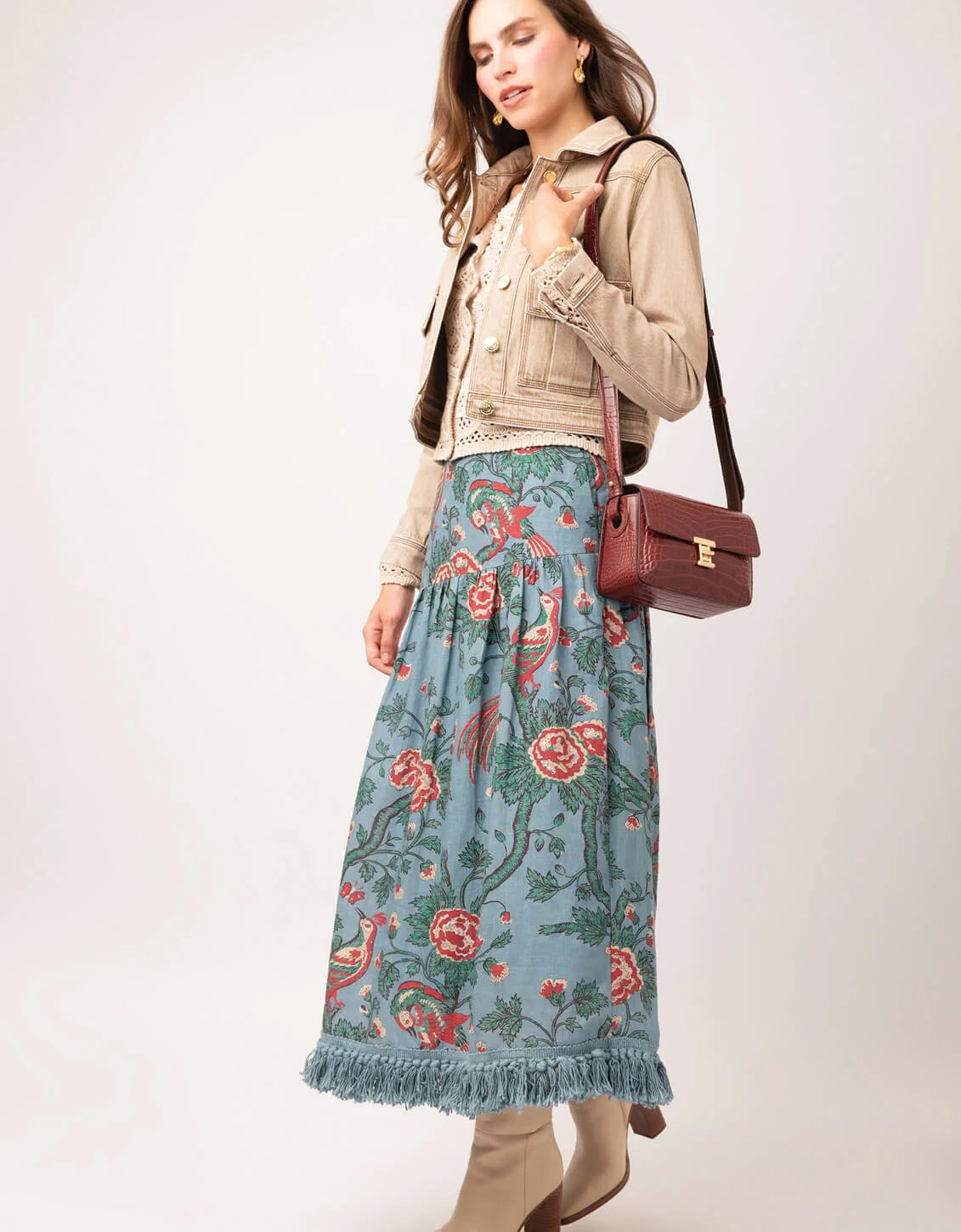 Yalena Midi Skirt Japonica Bird Blue Spruce | Spartina 449