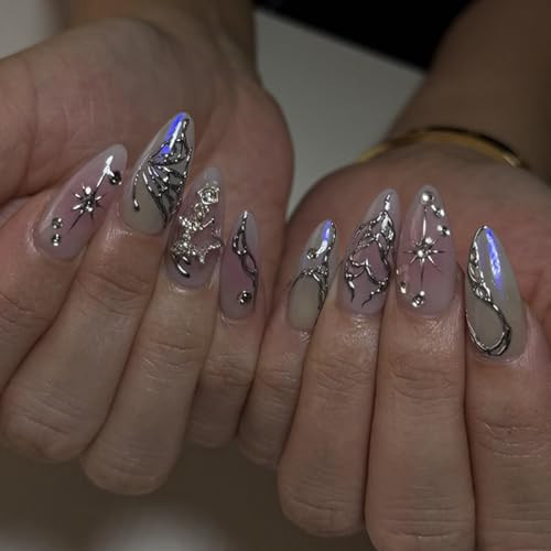 Almond Press on Nails Medium Length Fake Nails with 3D Butterfly Designs Purple Gradient False Nails Full Cover Glue on Nails Sliver Stripe Fake Nails for Women and Girls 24Pcs | Amazon (US)