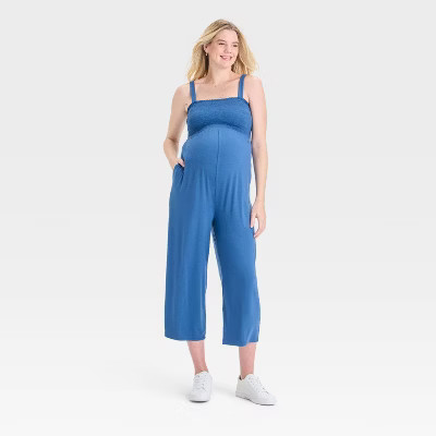 Smocked Maternity Jumpsuit - Isabel Maternity by Ingrid & Isabel™ Light Blue L: Rayon Spandex Knit, Squareneck | Target