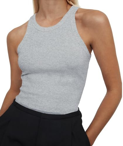 Artfish Women's Sleeveless Full Length Ribbed Fitted Racerback Workout Crew High Neck Basic Tank Top (Heather Grey, L) | Amazon (US)