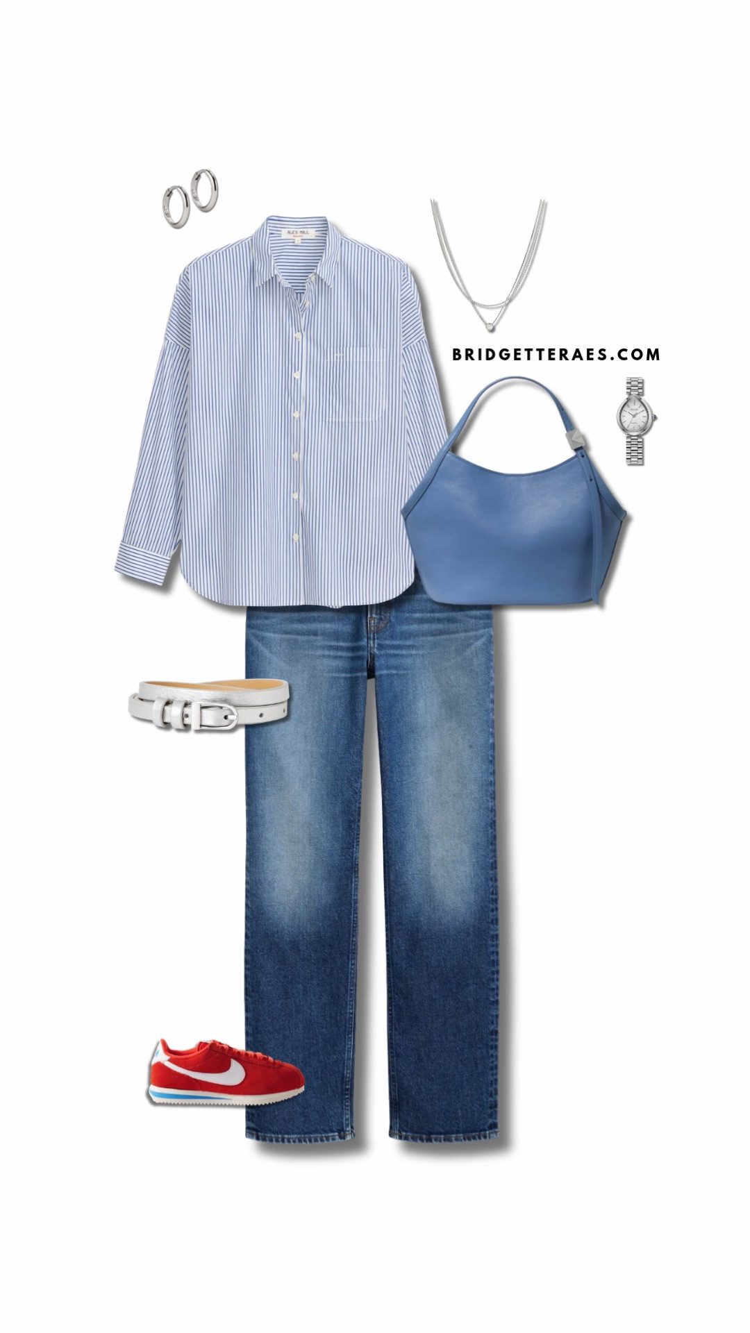 A blue-and-white striped button-down keeps the outfit polished and timeless, while relaxed denim adds an easy, approachable feel that still looks put-together. Soft blue accessories echo the shirt for a cohesive, calming palette, while silver jewelry adds a clean, contemporary finish. A neutral belt subtly defines the waist without interrupting the simplicity of the look. The bold red sneakers bring an unexpected pop of energy, adding personality and contrast that keeps the outfit feeling fresh and current. It’s a perfect balance of classic structure and casual confidence—easy, polished, and ready for wherever the day goes.

#LTKootd #LTKWorkwear #LTKOver40