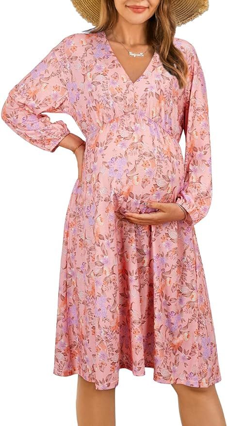 OUGES Womens 2023 Fall Long Sleeve Maternity Dress for Baby Shower Photoshoot V Neck High Waist M... | Amazon (US)