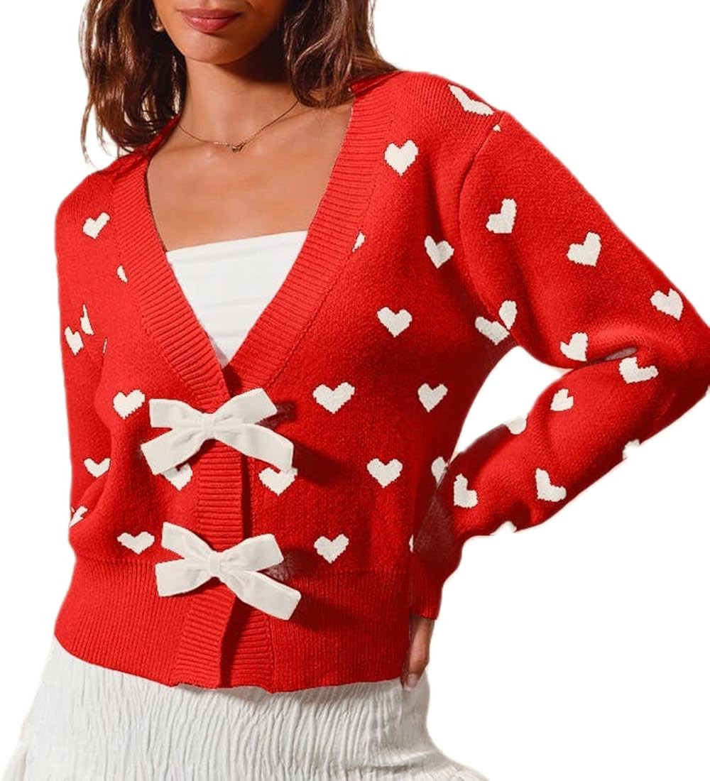 Women Y2K Heart Print Knit Cardigan Long Sleeve V Neck Bow Tie Open Front Sweaters Top Valentine ... | Amazon (US)