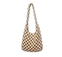 Handmade Checkered Pattern Crochet Tote Bag, Aesthetic Hobo Shoulder Crochet Beach Bag | Amazon (US)