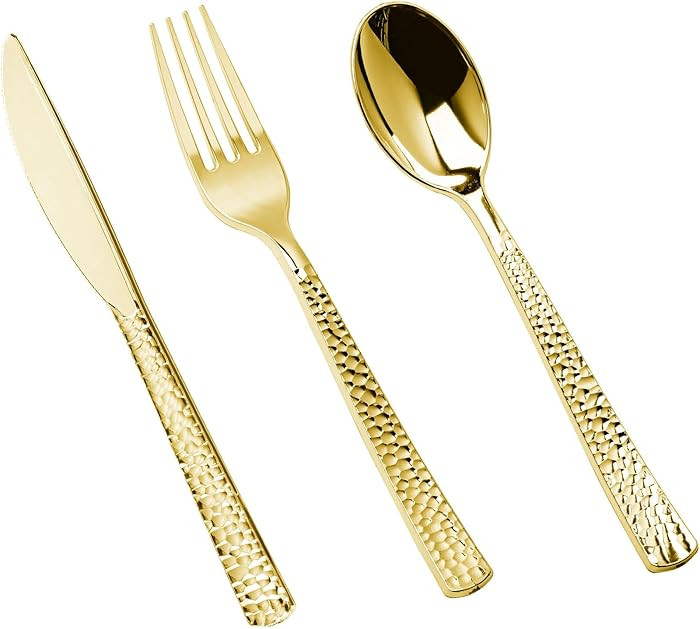 150PCS Gold Plastic Silverware, Heavy Duty Plastic Cutlery Set, Disposable Utensils - 50 Forks, 5... | Amazon (US)