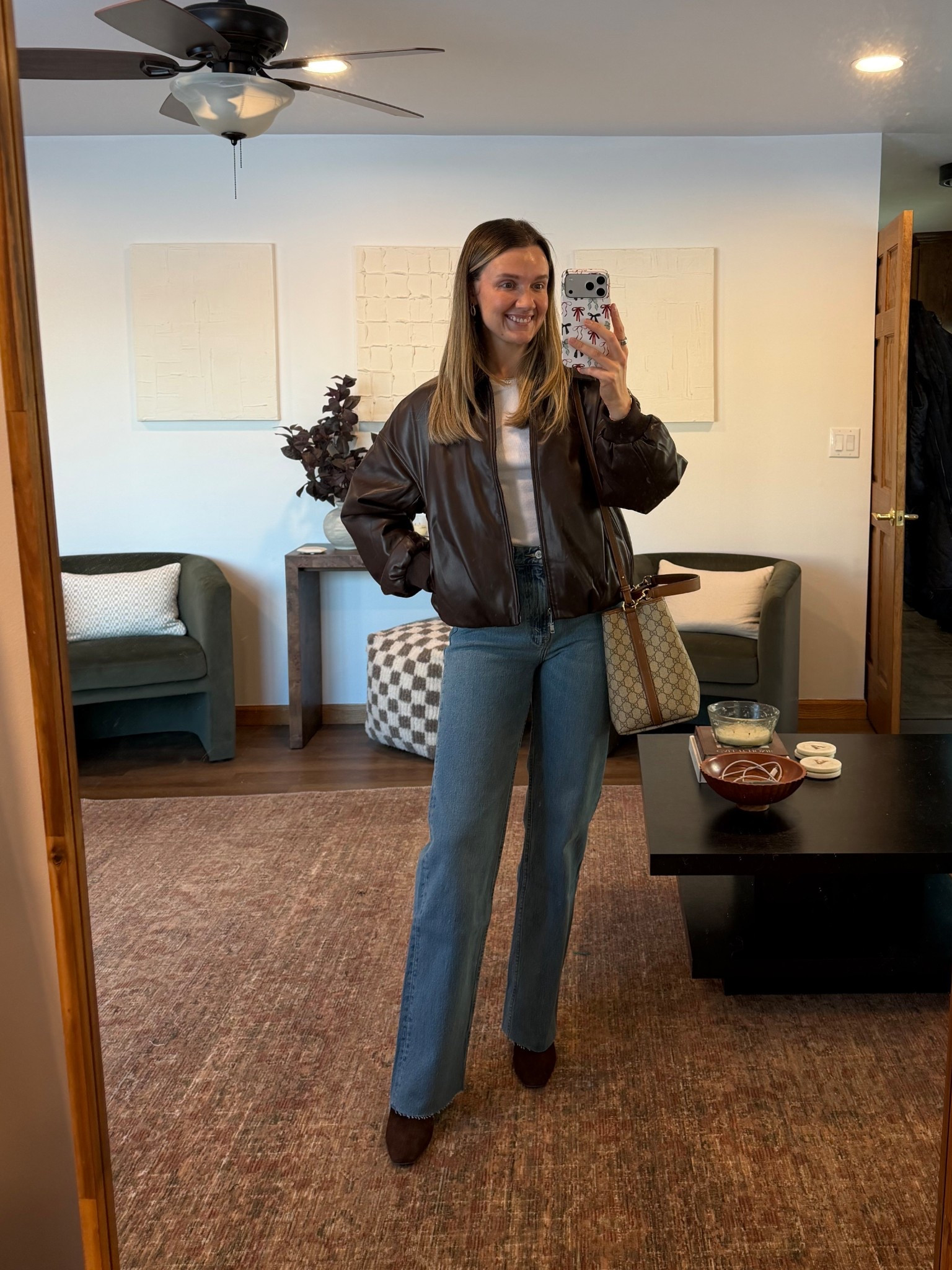 Perfect date night outfit! @abercrombie wearing size small in bubble hem leather jacket and 26r in the 90s style freyed hem jean. Small Aritzia while long sleeve 

Weekend outfit, weekend style, winter style, Abercrombie style, brown suede kitten heeled booties, Gucci shoulder bag, neutral style

#LTKootd #LTKgrwm