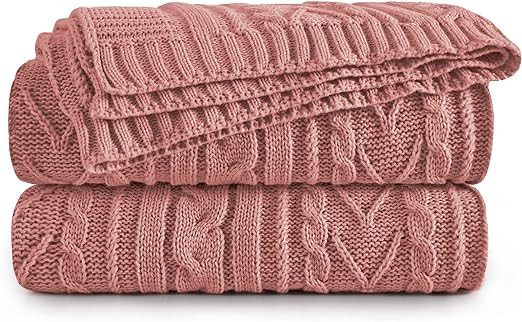 Aormenzy Dusty Pink Cable Knit Throw Blankets for Couch Bed Sofa, Acrylic Knitted Blanket, Soft C... | Amazon (US)