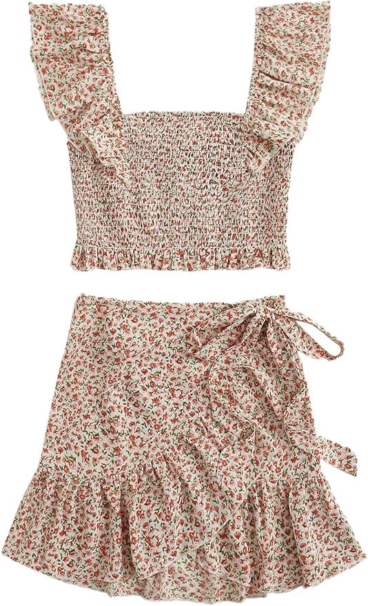 MakeMeChic Women's Two Piece Ruffle Trim Cami Crop Top and Wrap Skirt Set | Amazon (US)