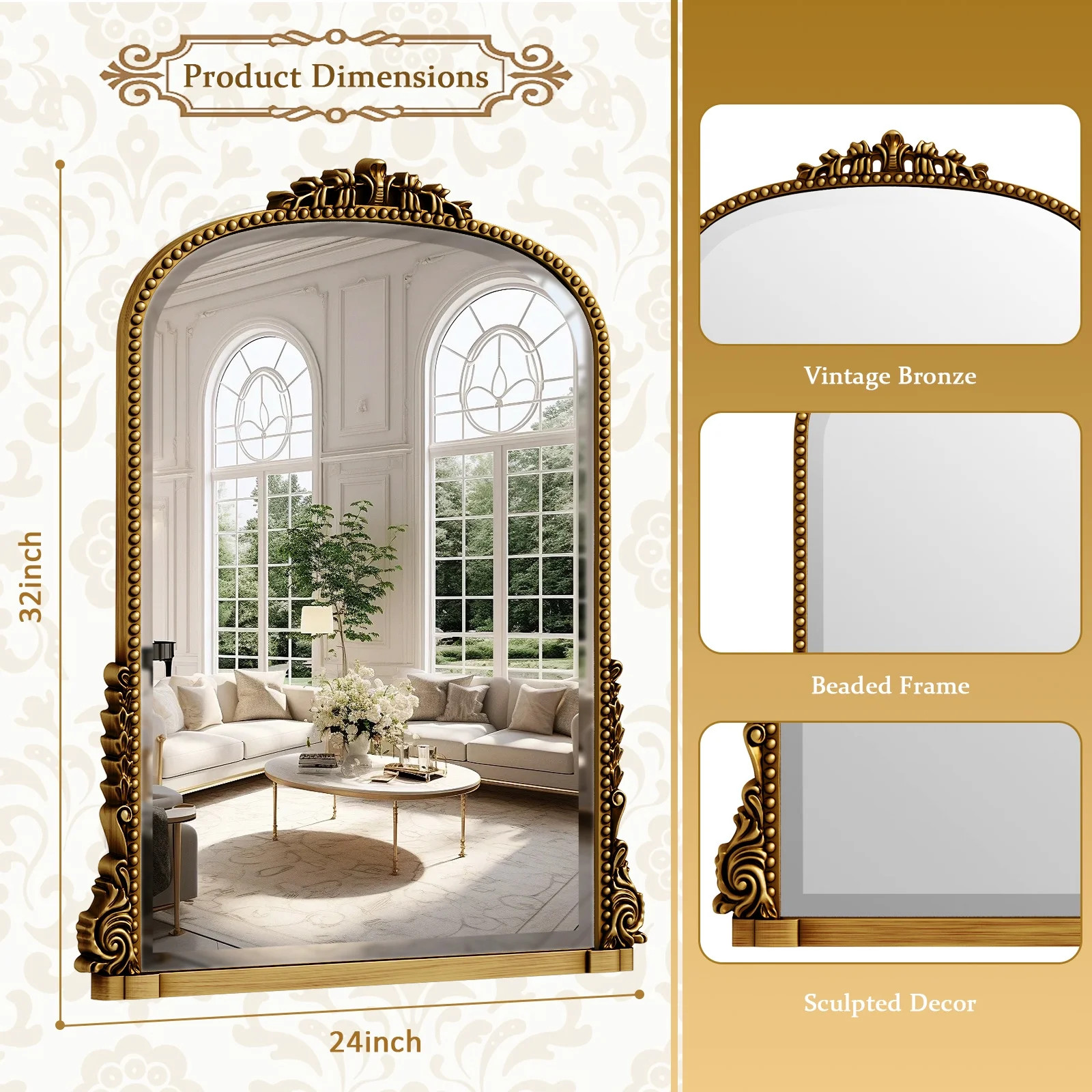 BEAUTYPEAK 32"x 24" Arched Vanity Mirror Decor Wall Mirror for Bathroom,Antique Gold - Walmart.co... | Walmart (US)