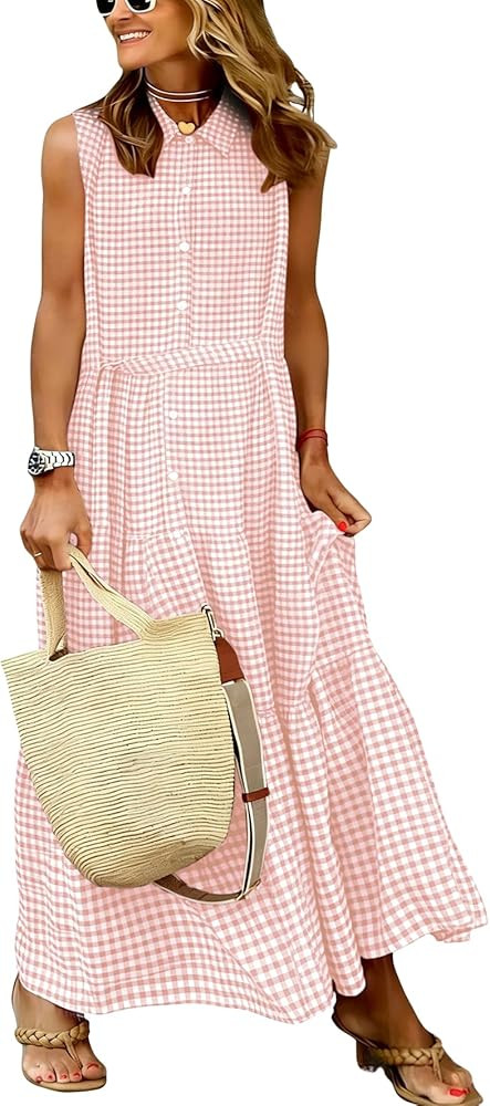 chouyatou Women\u2019s Summer Boho Gingham Dress Business Casual Belted Flowy Plaid Maxi Shirt Dr... | Amazon (US)