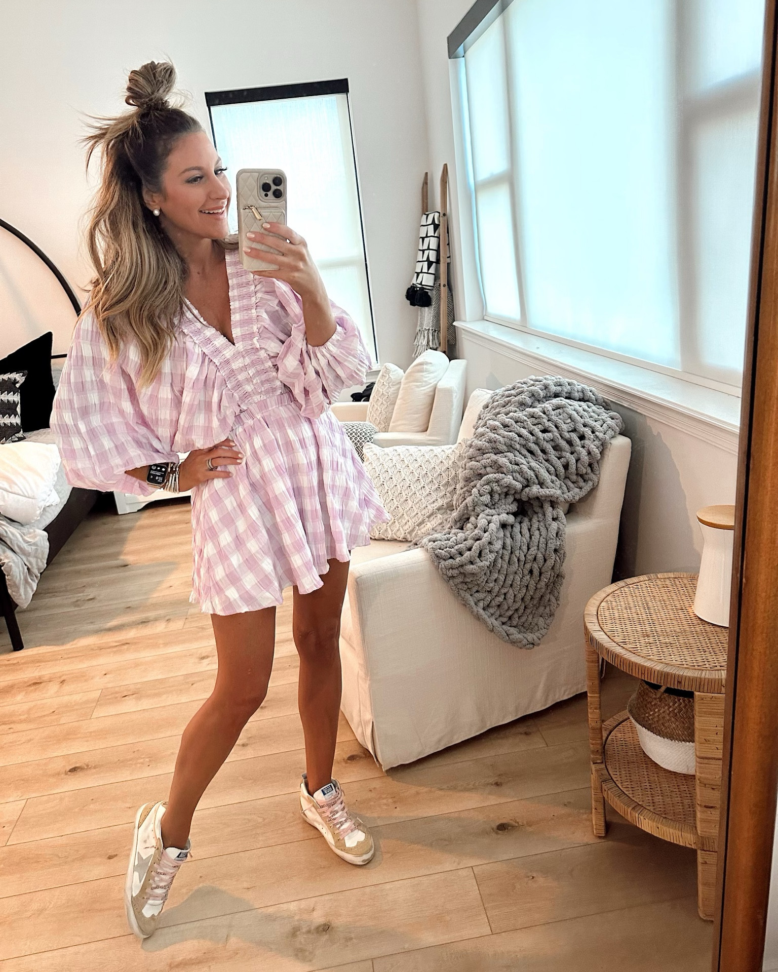 In a small light purple gingham romper for spring /Easter from Red dress - fits TTS.

#LTKshoecrush #LTKstyletip #LTKSeasonal