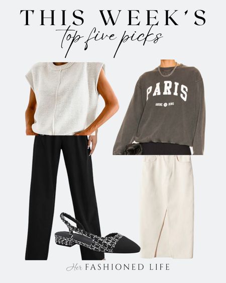 This Week’s Top 5 Picks! 

Amazon White Top
Amazon Dress Pants
Amazon Tweed Slingbacks 
Paris Anine Bing Crew
Mango Denim Skirt 

#LTKSeasonal #LTKsalealert #LTKstyletip