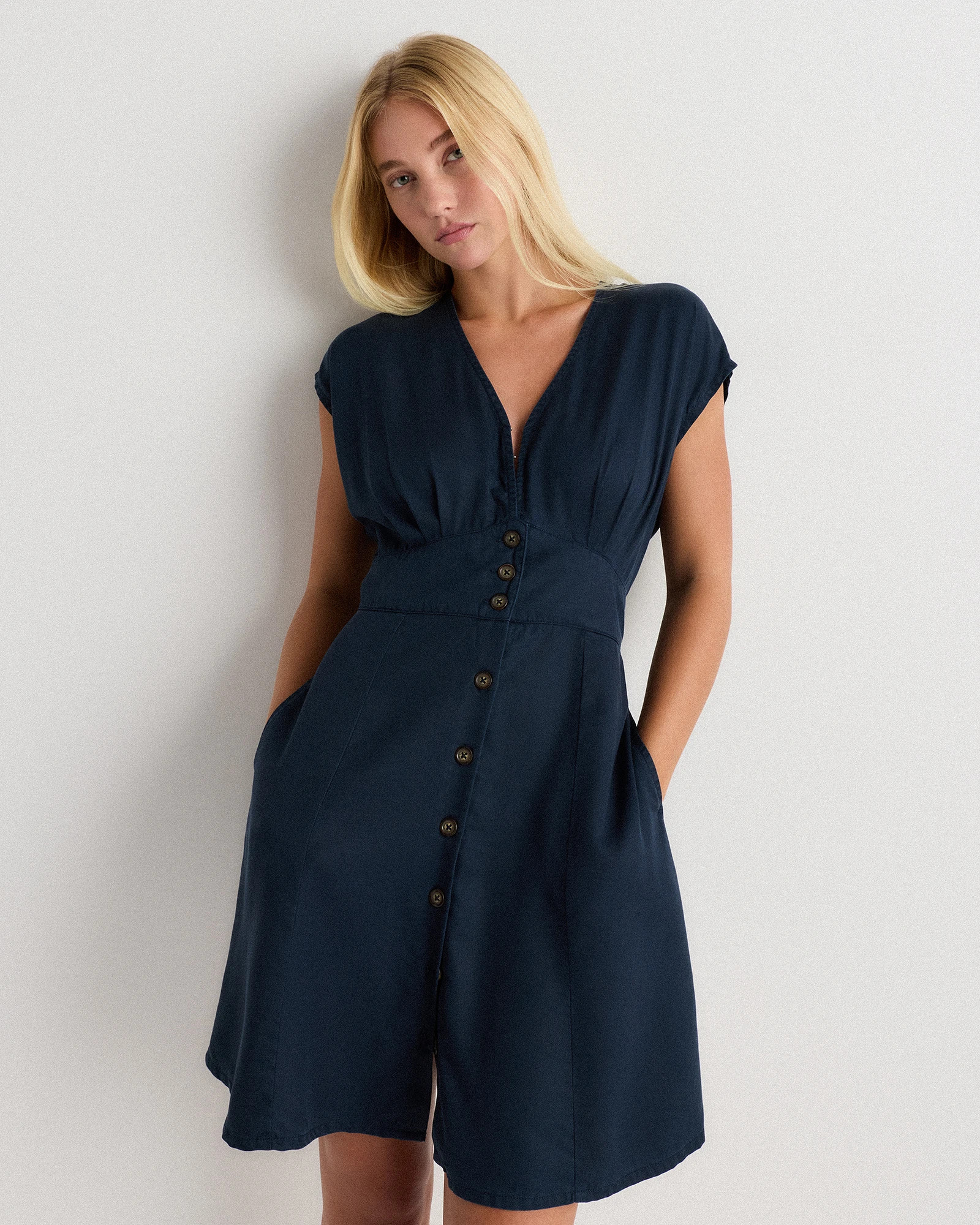 Quince | Women's Vintage Wash Tencel Button Front Dress in Olive, Size Small | Quince