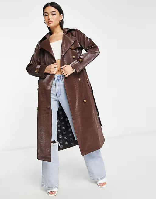 Something New x Emilia Silberg leather look croc trench coat in brown | ASOS (Global)
