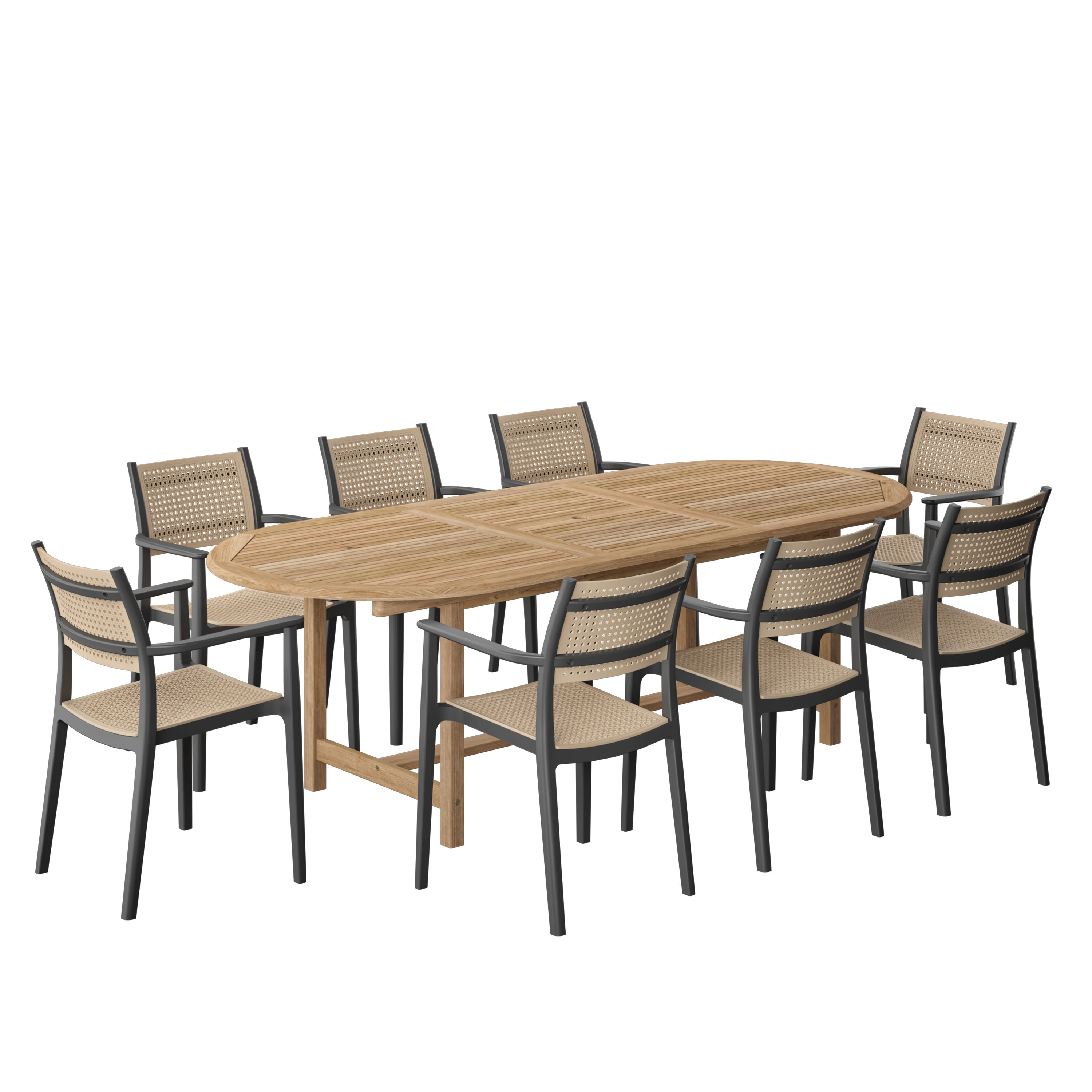 Amazonia 9 -Piece Brown Patio Dining Set Extendable Table Wood Rectangle Table with 8 Stackable Stationary and Motion Chairs one_size | Lowe's