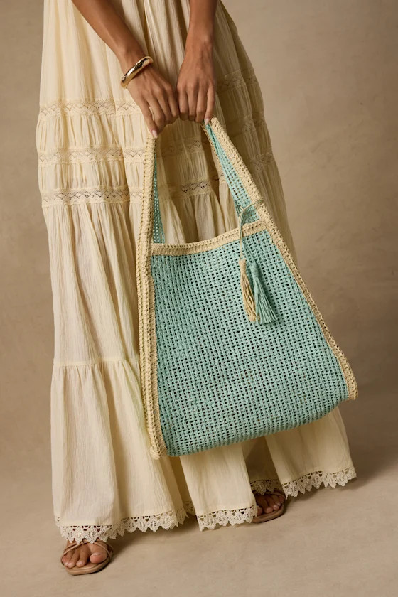 Shoreline Aqua Raffia Tote Bag | Lulus