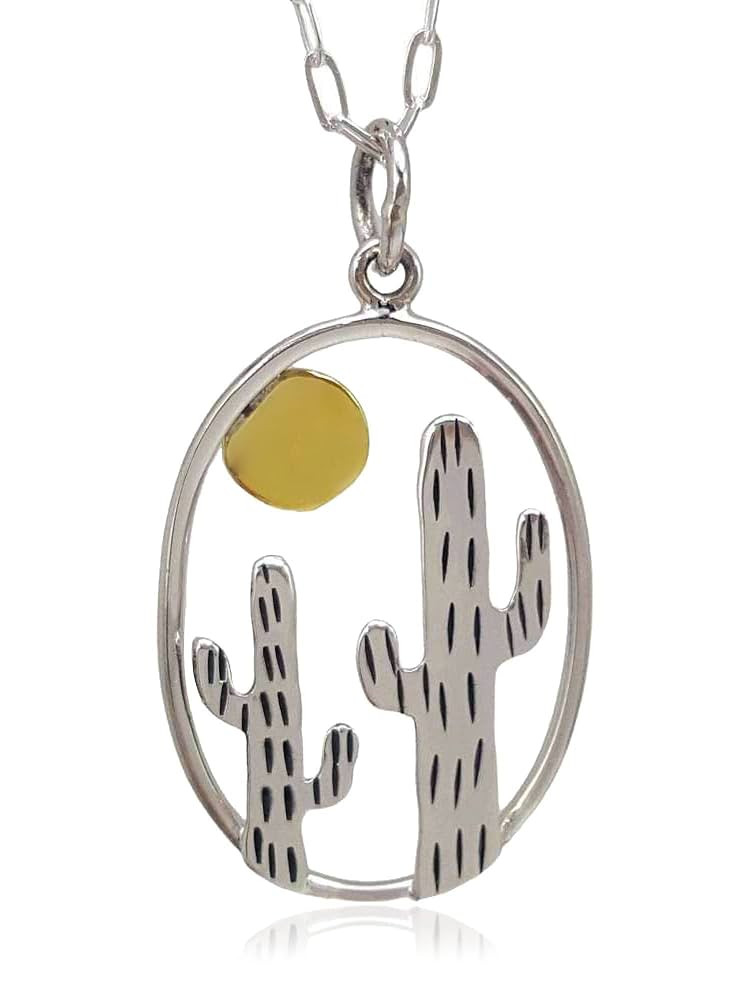Sterling Silver And Bronze Oval Saguaro Cactus and Sun Desert Flat Charm Necklace, 18" | Amazon (US)