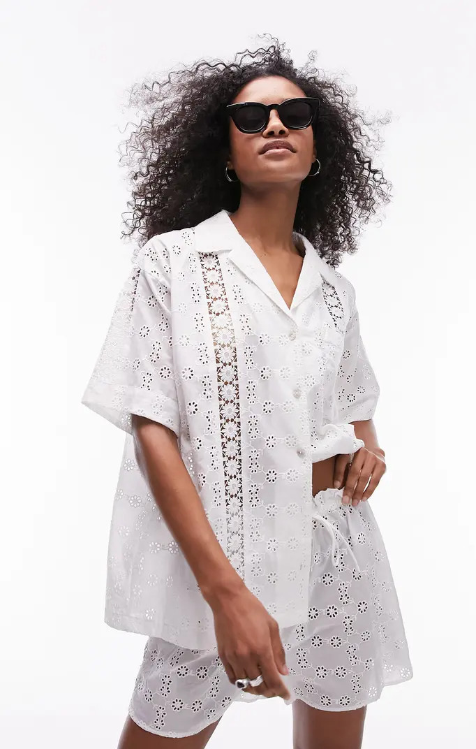 Topshop Eyelet Lace Inset Cotton Cover-Up Shirt | Nordstrom | Nordstrom