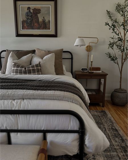 Guest bedroom styling. Love this new lumbar pillow from the latest Studio McGee collection at Target. 

Guest bedroom decor, vintage decor, wall sconces, metal bed frame, affordable bedding, nightstand decor, bed throw pillows
