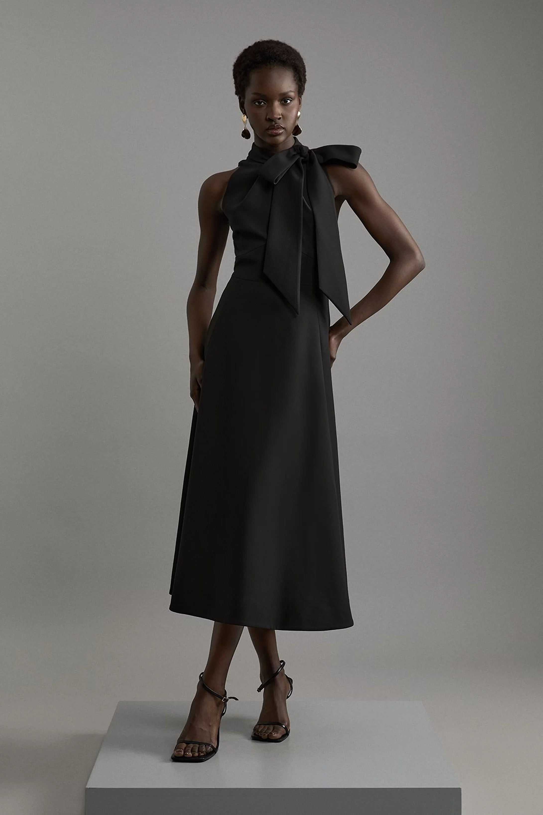 Compact Stretch Bow Tie Neck Full Skirted Midi Dress | Karen Millen US